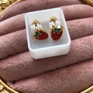 Strawberry mini Gold red Earrings stainless steel plated 18k gold new